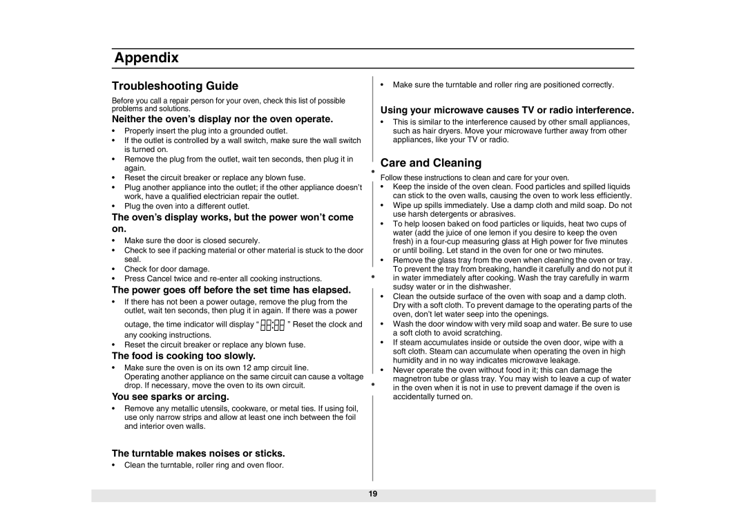 Samsung MW840WF/ZAM manual Appendix, Troubleshooting Guide, Care and Cleaning 