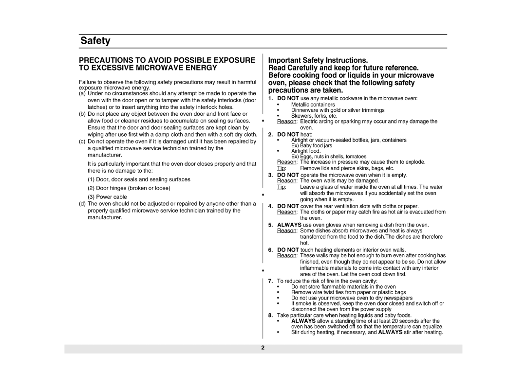 Samsung MW840WF/ZAM manual Safety, Do not heat 