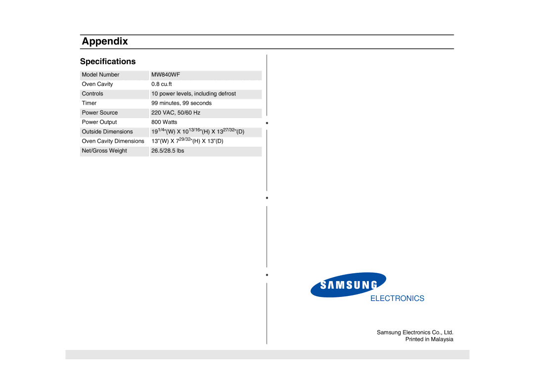 Samsung MW840WF/ZAM manual Specifications 