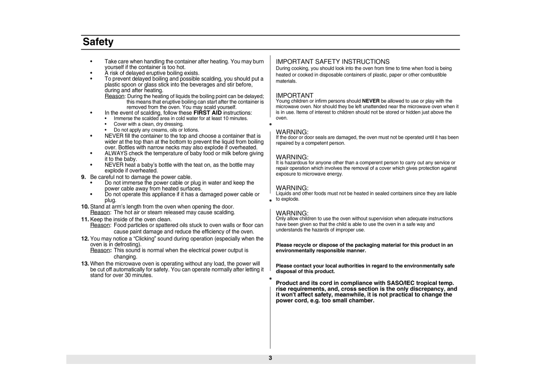 Samsung MW840WF/ZAM manual Important Safety Instructions 