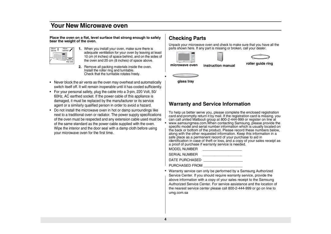 Samsung MW840WF/ZAM manual Your New Microwave oven, Checking Parts, Warranty and Service Information 