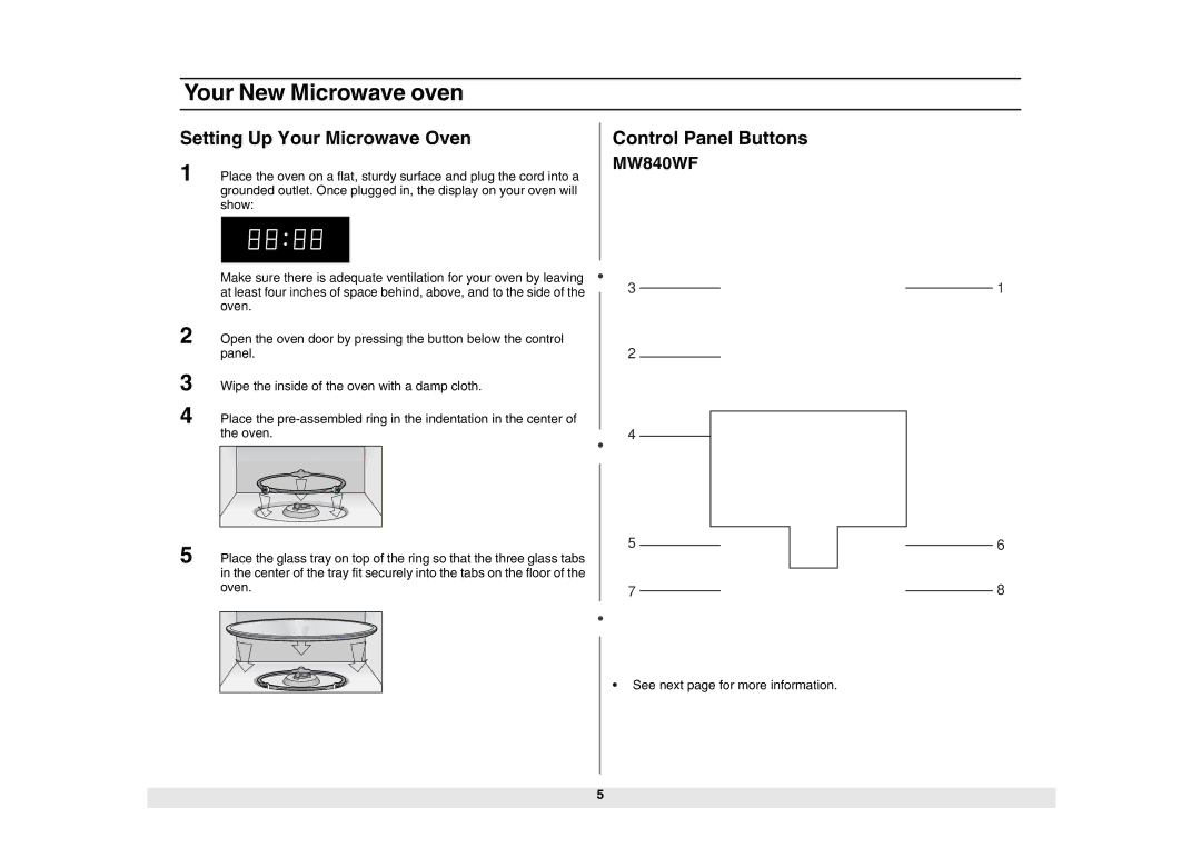 Samsung MW840WF/ZAM manual Setting Up Your Microwave Oven, Control Panel Buttons 