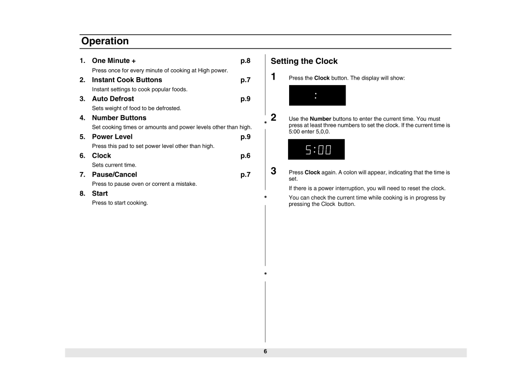 Samsung MW840WF/ZAM manual Operation, Setting the Clock 