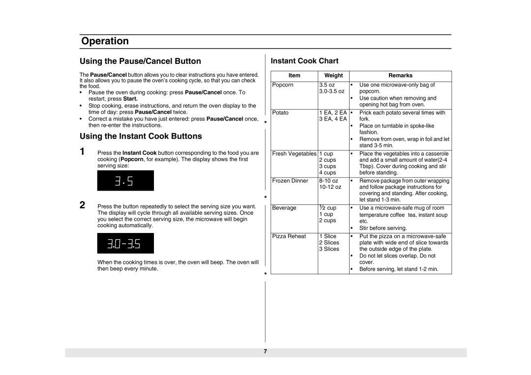 Samsung MW840WF/ZAM Using the Pause/Cancel Button, Using the Instant Cook Buttons, Instant Cook Chart, Weight Remarks 