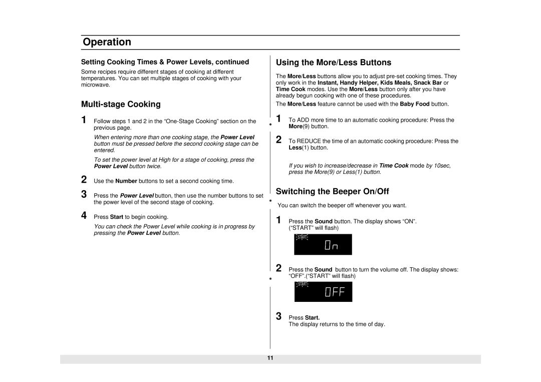 Samsung MW850BA, MW850WA owner manual Multi-stage Cooking, Using the More/Less Buttons, Switching the Beeper On/Off 