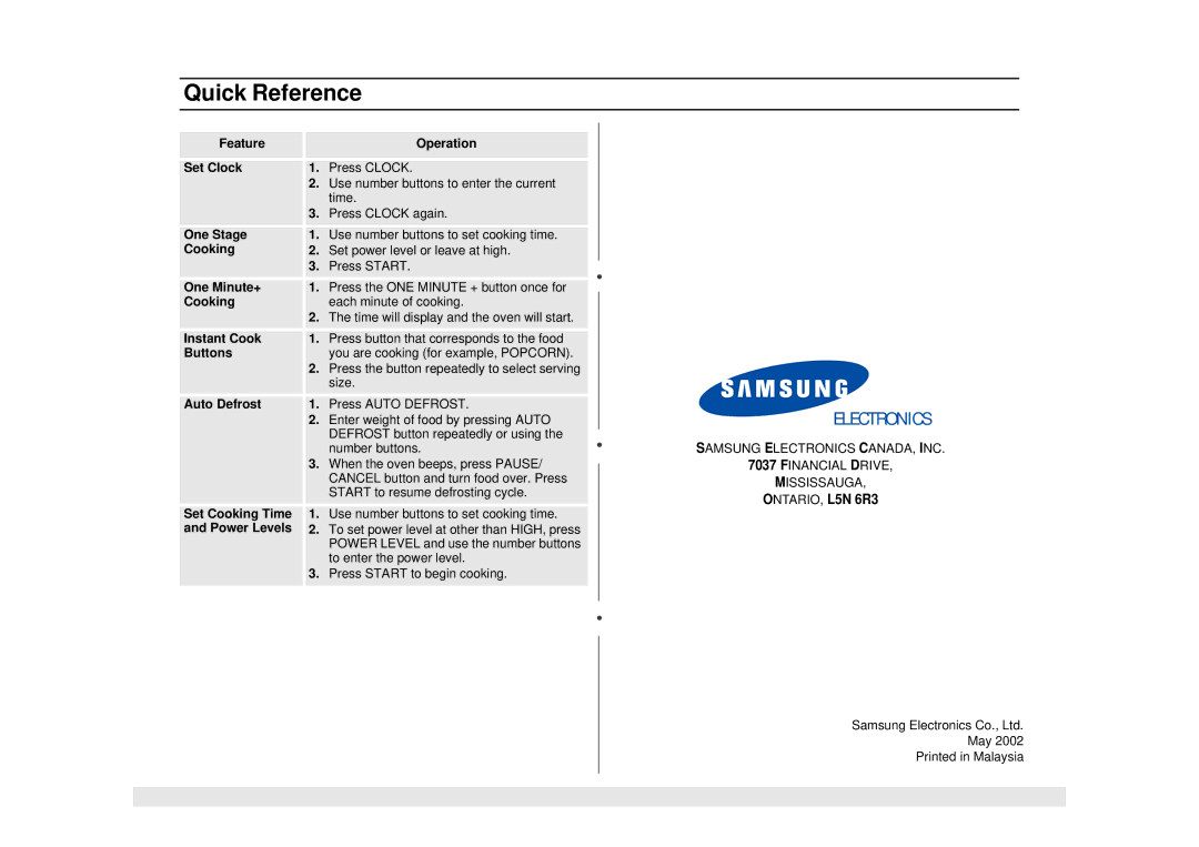 Samsung MW850WA, MW850BA owner manual Quick Reference 