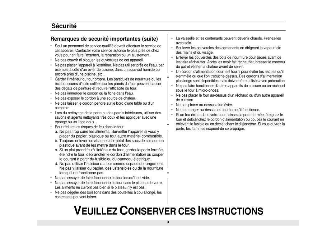 Samsung MW850BA, MW850WA owner manual Remarques de sécurité importantes suite 