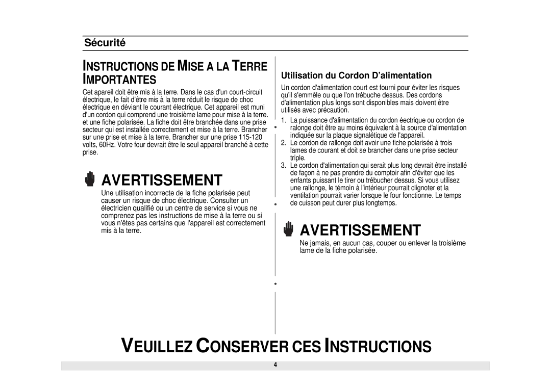 Samsung MW850WA, MW850BA owner manual Instructions DE Mise a LA Terre Importantes 