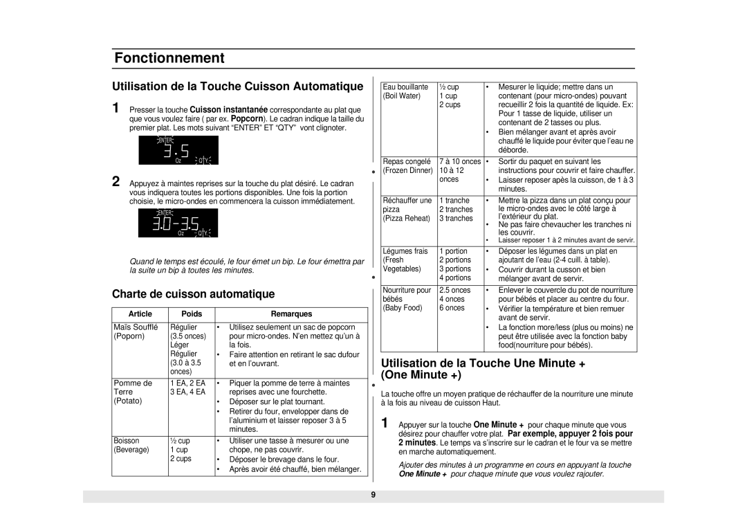 Samsung MW850BA Utilisation de la Touche Cuisson Automatique, Charte de cuisson automatique, Article Poids Remarques 