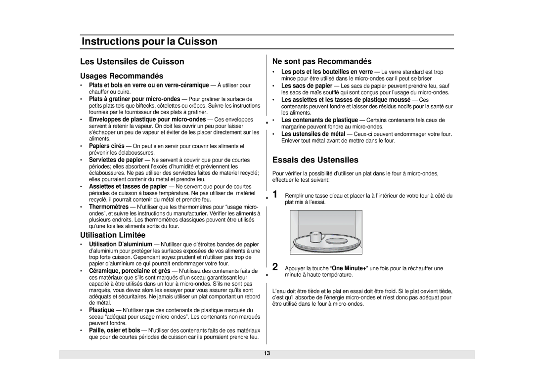 Samsung MW850BA, MW850WA owner manual Instructions pour la Cuisson, Les Ustensiles de Cuisson, Essais des Ustensiles 