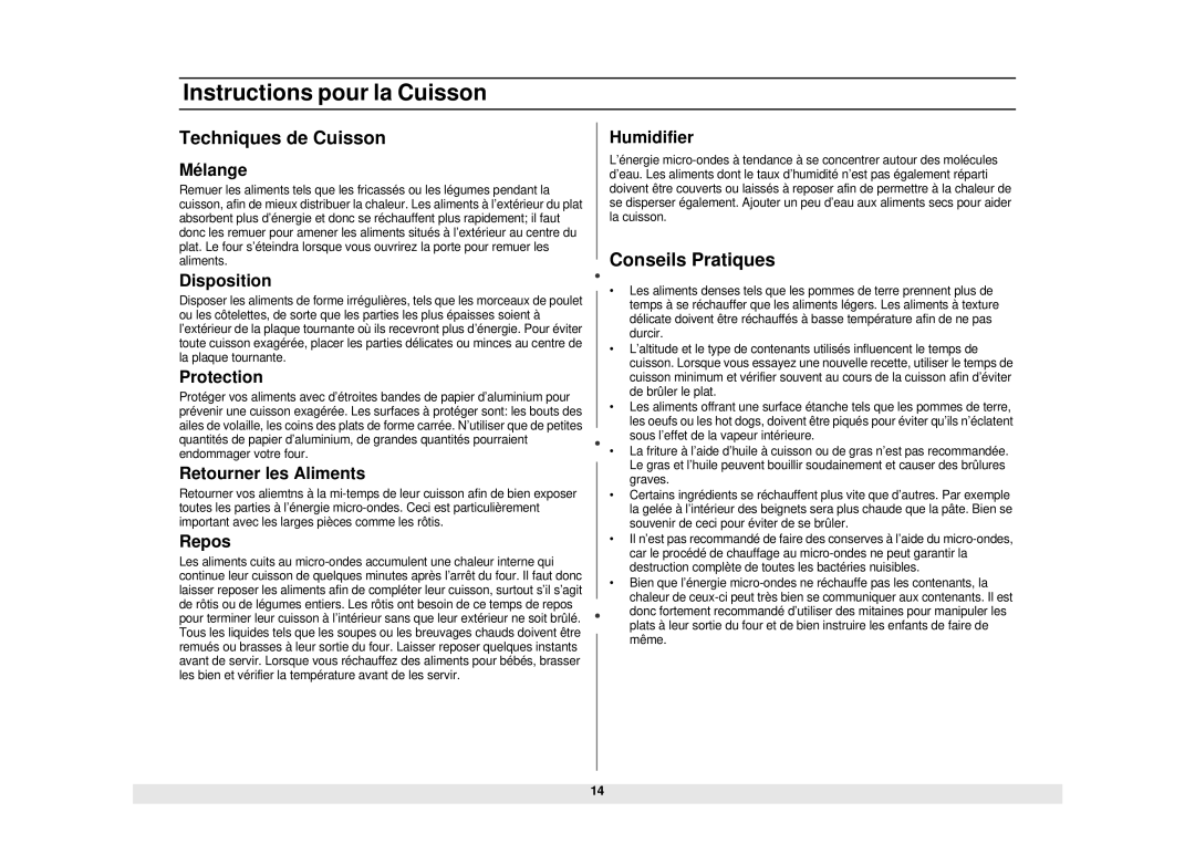 Samsung MW850WA, MW850BA owner manual Techniques de Cuisson, Conseils Pratiques 