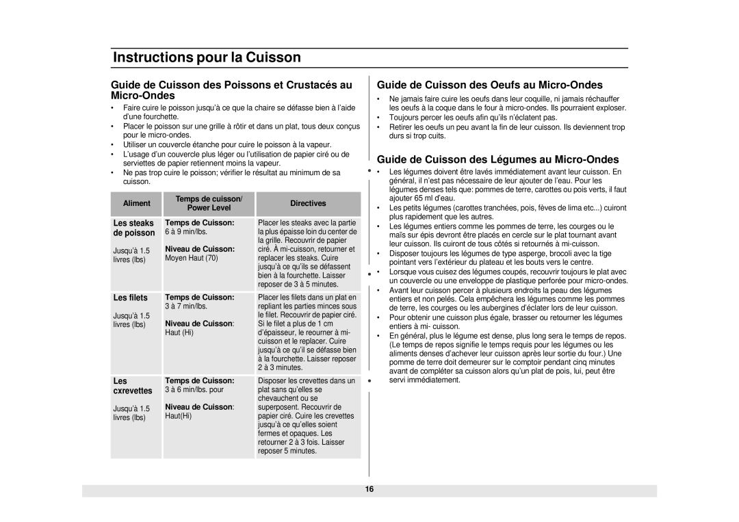 Samsung MW850WA Guide de Cuisson des Poissons et Crustacés au Micro-Ondes, Guide de Cuisson des Oeufs au Micro-Ondes 