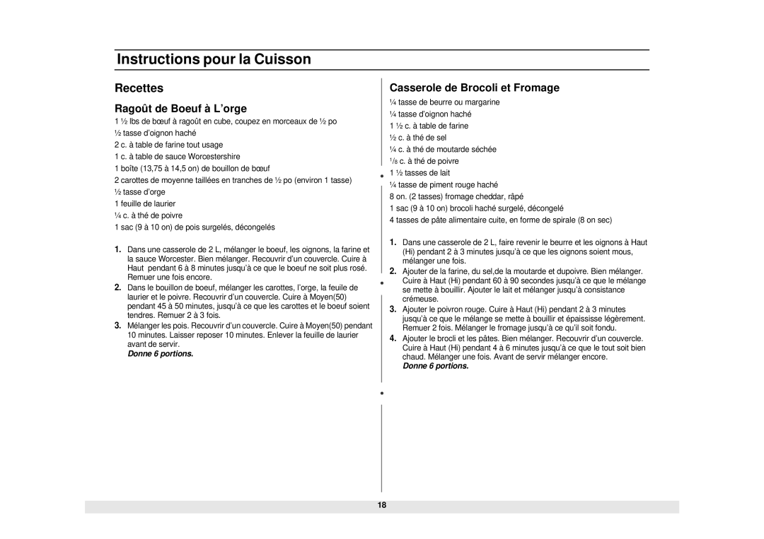 Samsung MW850WA, MW850BA owner manual Recettes, Ragoût de Boeuf à L’orge, Casserole de Brocoli et Fromage 