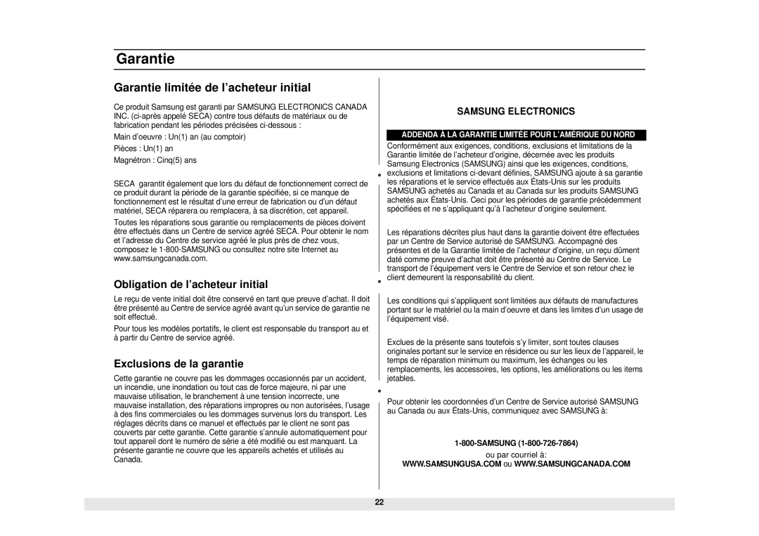 Samsung MW850WA Garantie limitée de l’acheteur initial, Obligation de l’acheteur initial, Exclusions de la garantie 