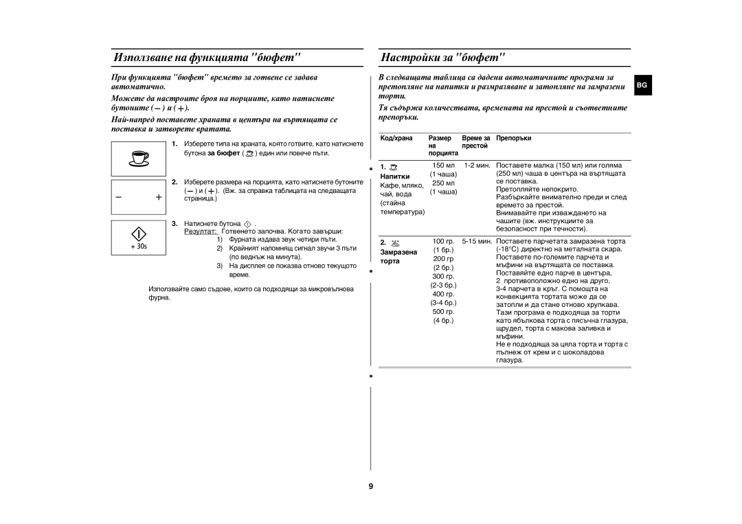 Samsung MW86N-S/BOL, MW86N-B/BOL manual Използване на функцията бюфет, Настройки за бюфет, Напитки, Замразена, Торта 