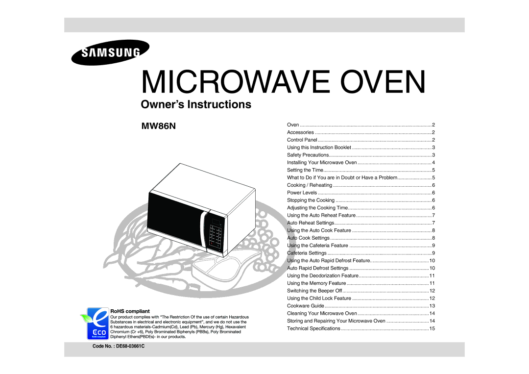 Samsung MW86N-S/BOL, MW86N-B/BOL manual Microwave Oven, Code No. DE68-03661C 