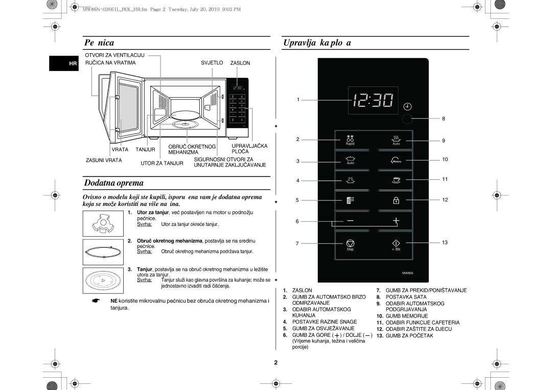 Samsung MW86N-B/BOL manual Pećnica, Upravljačka ploča, Obruč okretnog mehanizma, postavlja se na sredinu Pećnice 