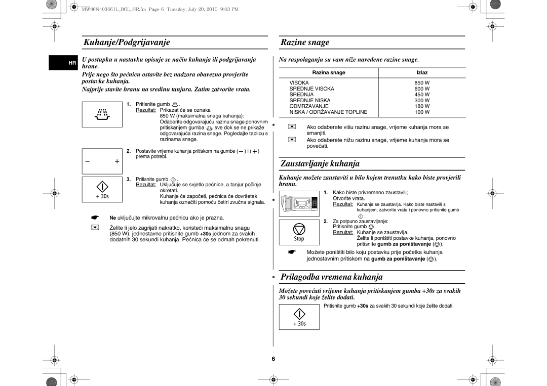 Samsung MW86N-B/BOL manual Kuhanje/Podgrijavanje, Razine snage, Razina snage Izlaz 