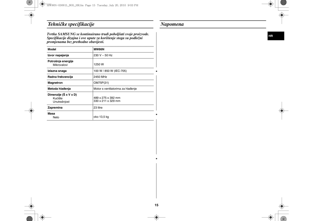 Samsung MW86N-B/BOL manual Tehni čke specifikacije Napomena 