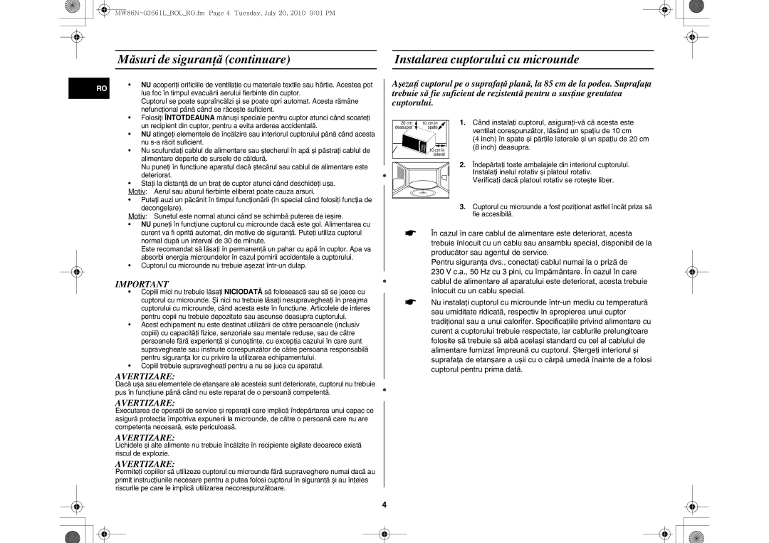 Samsung MW86N-B/BOL manual Când instalaţi cuptorul, asiguraţi-vă că acesta este, Inch deasupra 