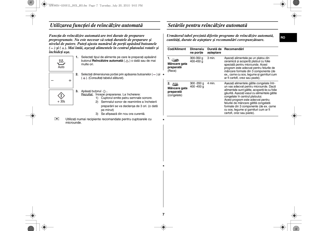 Samsung MW86N-B/BOL manual Mâncare gata, Preparată 