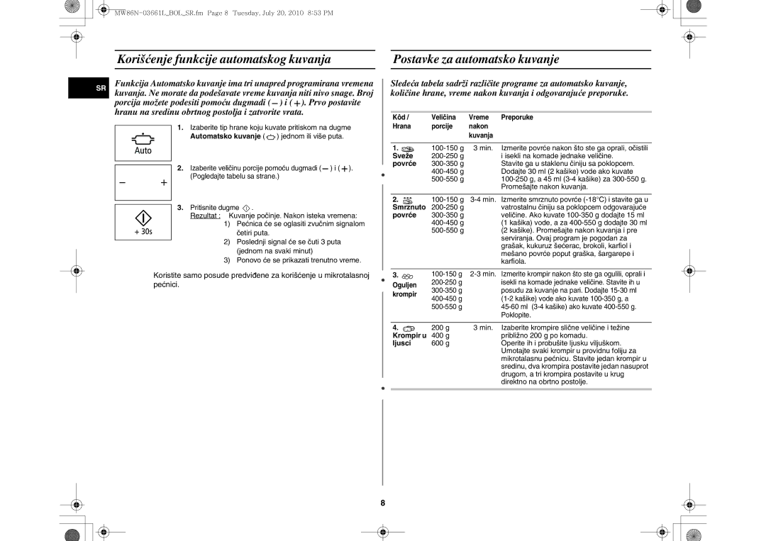 Samsung MW86N-B/BOL manual Sveže, Povrće, Smrznuto, Krompir u, Ljusci 