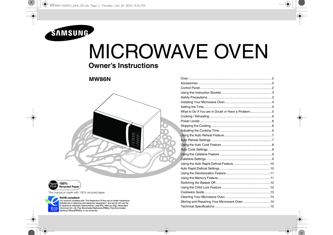 Samsung MW86N-B/BOL manual Microwave Oven 