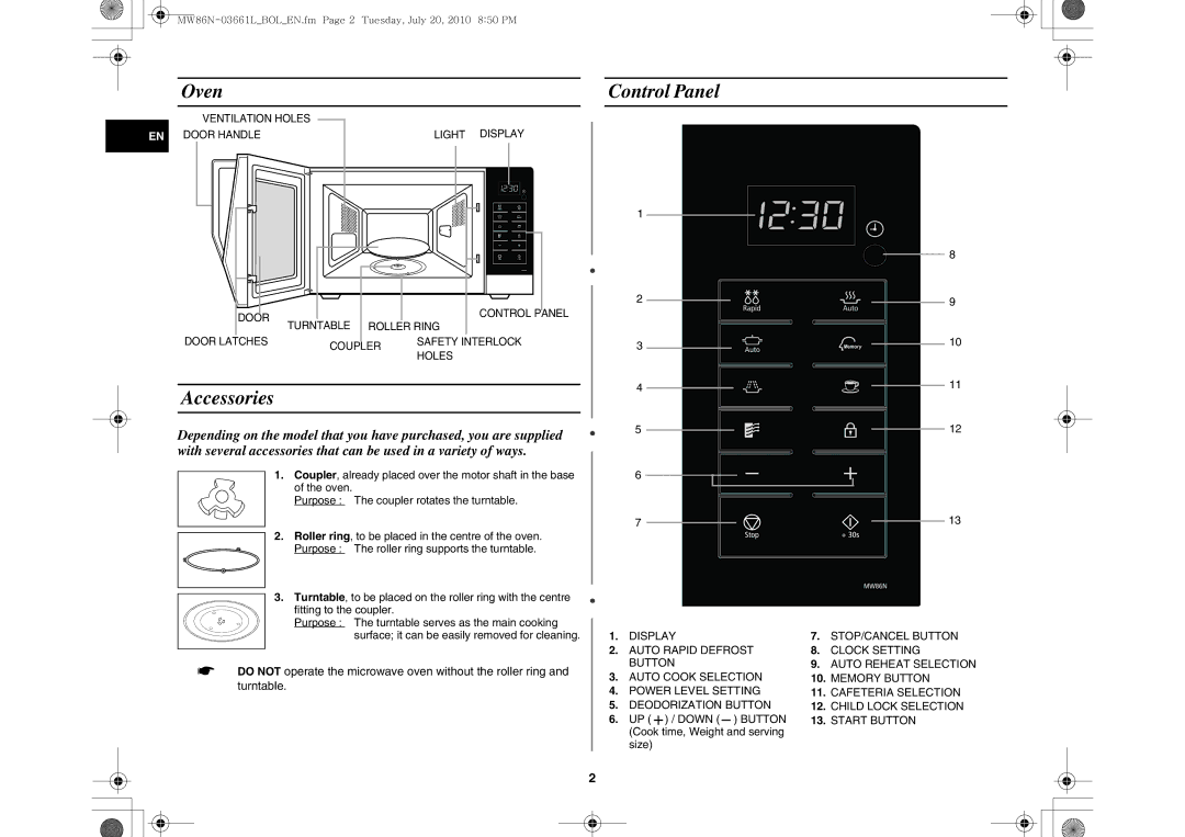 Samsung MW86N-B/BOL manual Oven, Control Panel, Accessories 