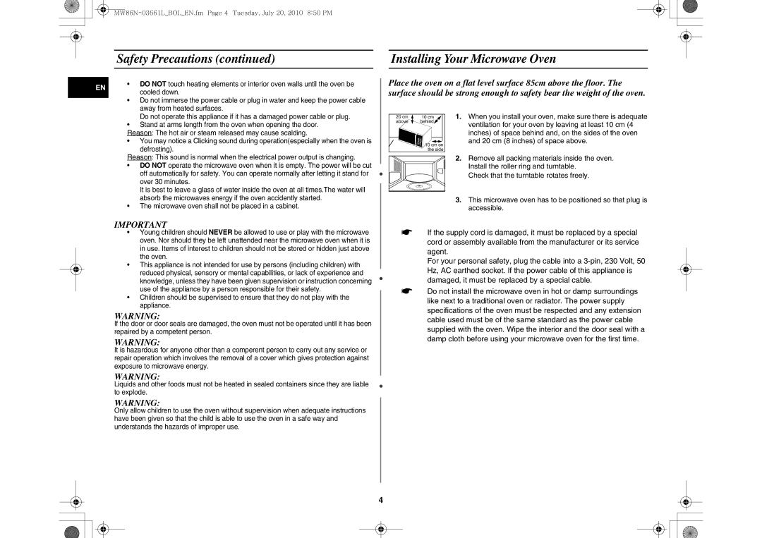 Samsung MW86N-B/BOL manual Safety Precautions Installing Your Microwave Oven 