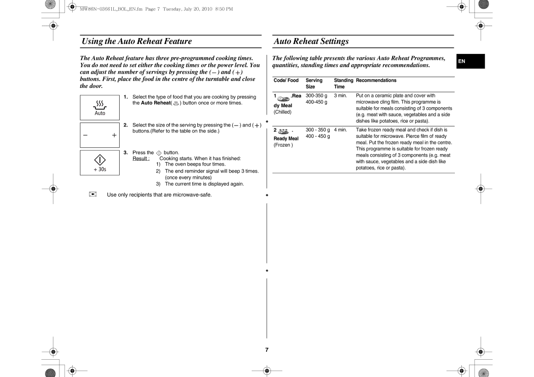 Samsung MW86N-B/BOL manual Using the Auto Reheat Feature Auto Reheat Settings, Dy Meal 