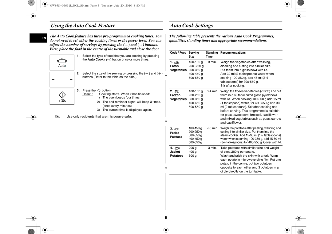 Samsung MW86N-B/BOL manual Using the Auto Cook Feature Auto Cook Settings, Vegetables 