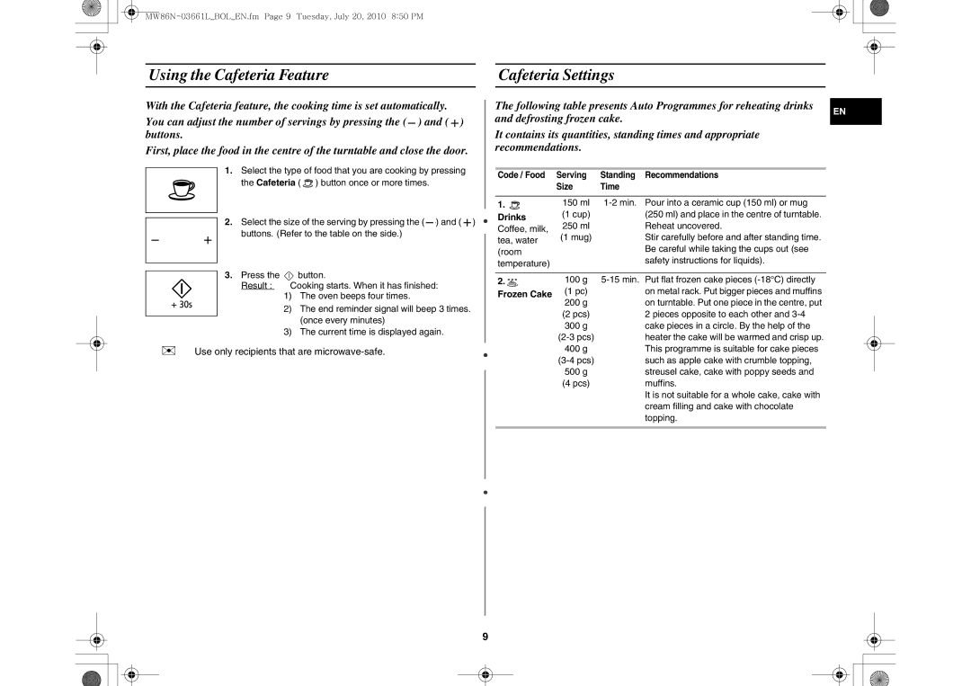 Samsung MW86N-B/BOL manual Using the Cafeteria Feature Cafeteria Settings, Drinks 