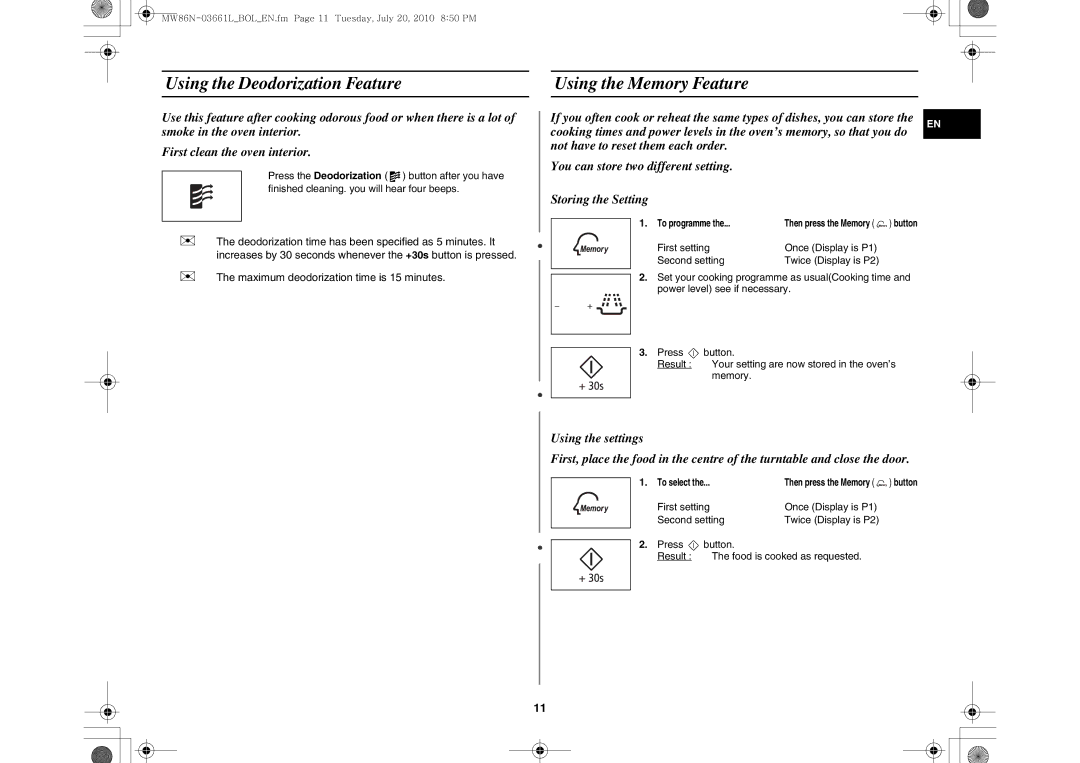 Samsung MW86N-B/BOL manual Using the Deodorization Feature, Using the Memory Feature 