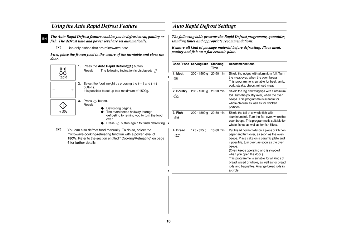 Samsung MW86N-B/BOL manual Using the Auto Rapid Defrost Feature, Auto Rapid Defrost Settings 