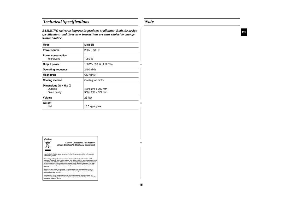 Samsung MW86N-B/BOL manual Technical Specifications 