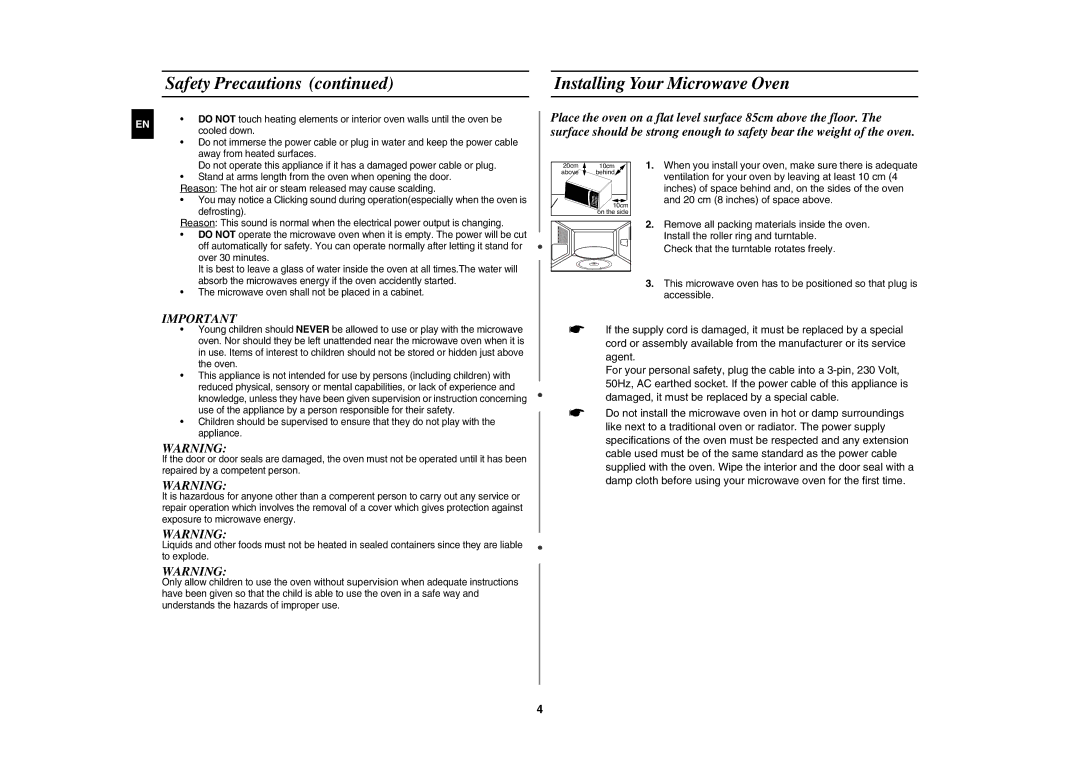 Samsung MW86N-B/BOL manual Installing Your Microwave Oven 