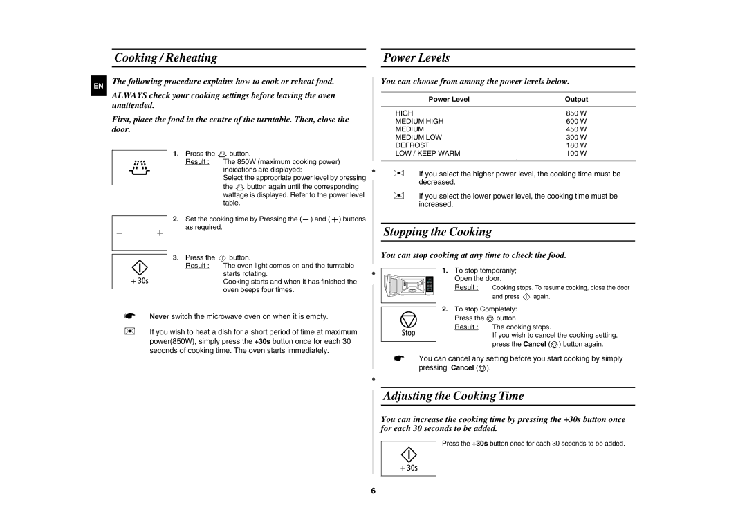 Samsung MW86N-B/BOL Cooking / Reheating Power Levels, Stopping the Cooking, Adjusting the Cooking Time, Power Level Output 