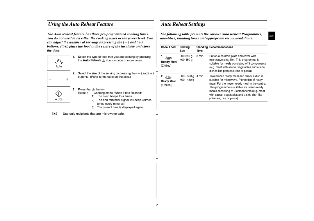 Samsung MW86N-B/BOL manual Using the Auto Reheat Feature Auto Reheat Settings, Ready Meal 