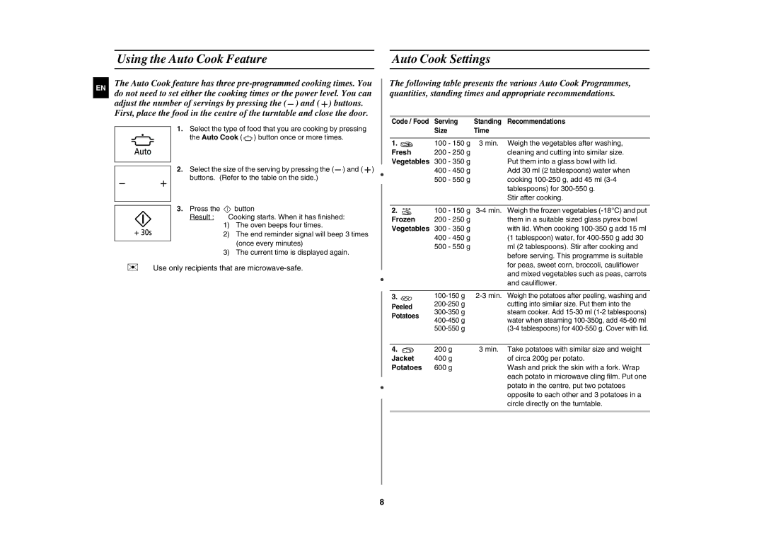 Samsung MW86N-B/BOL manual Using the Auto Cook Feature Auto Cook Settings, Fresh, Frozen, Jacket, Potatoes 