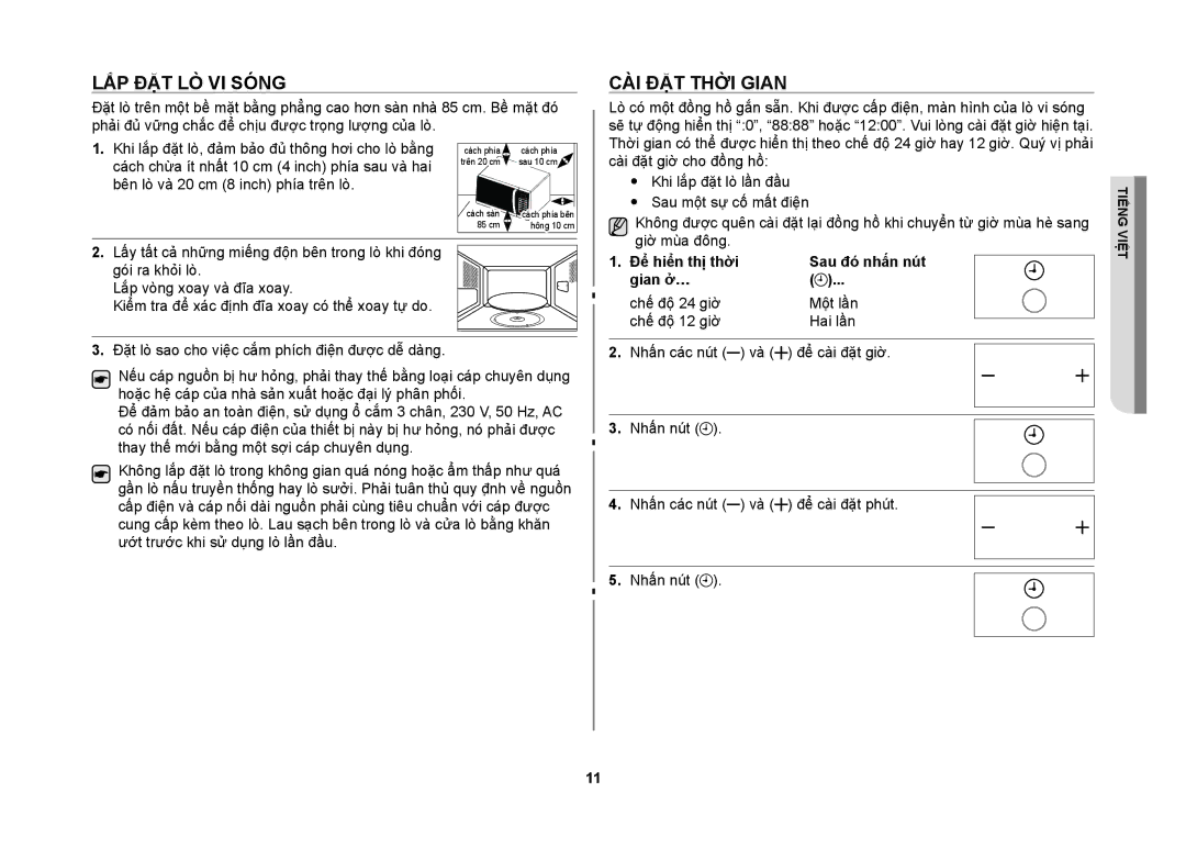 Samsung MW86N-S/XSV manual Lắp đặt lò vi sóng, Cài đặt thời gian, Để hiển thị thời, Gian ở…, Sau đó nhấn nút 