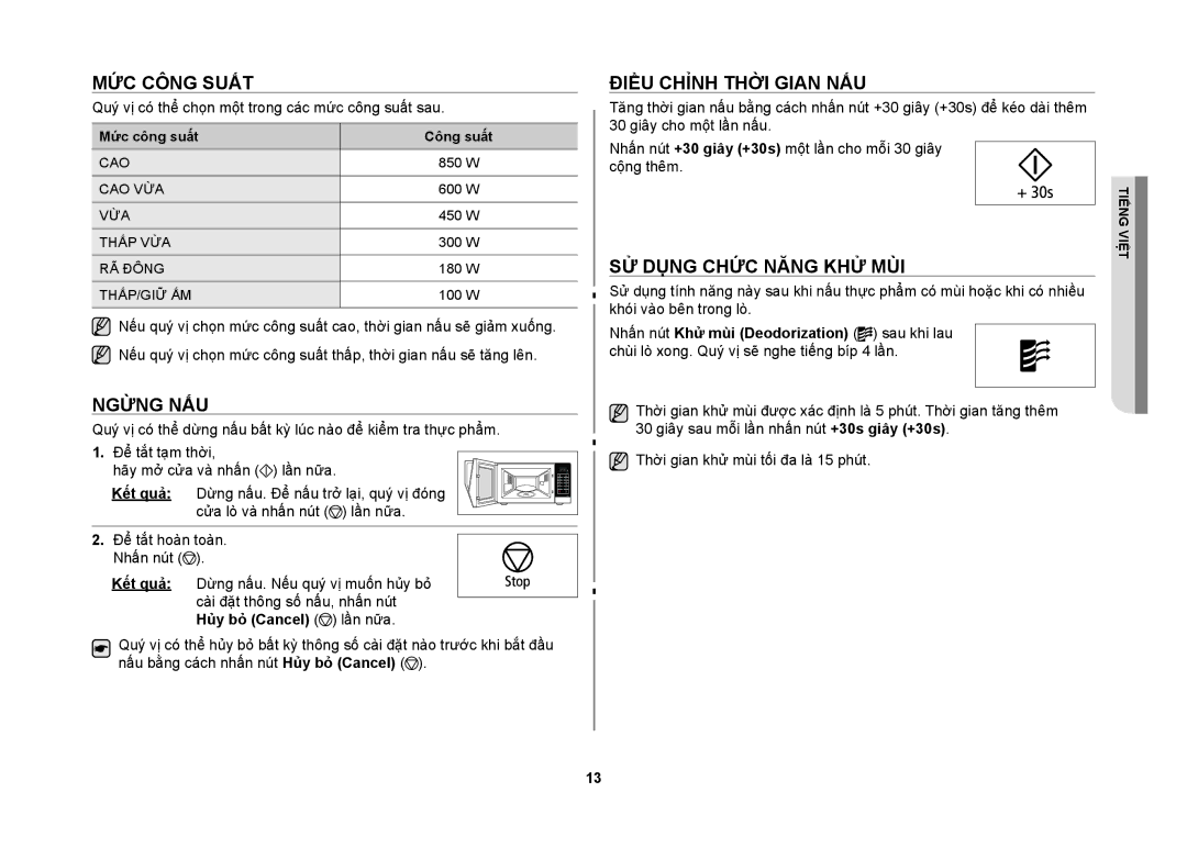 Samsung MW86N-S/XSV Mức công suất, Ngừng nấu, Điều chỉnh thời gian nấu, Sử dụng chức năng khử mùi, Hủy bỏ Cancel lần nữa 