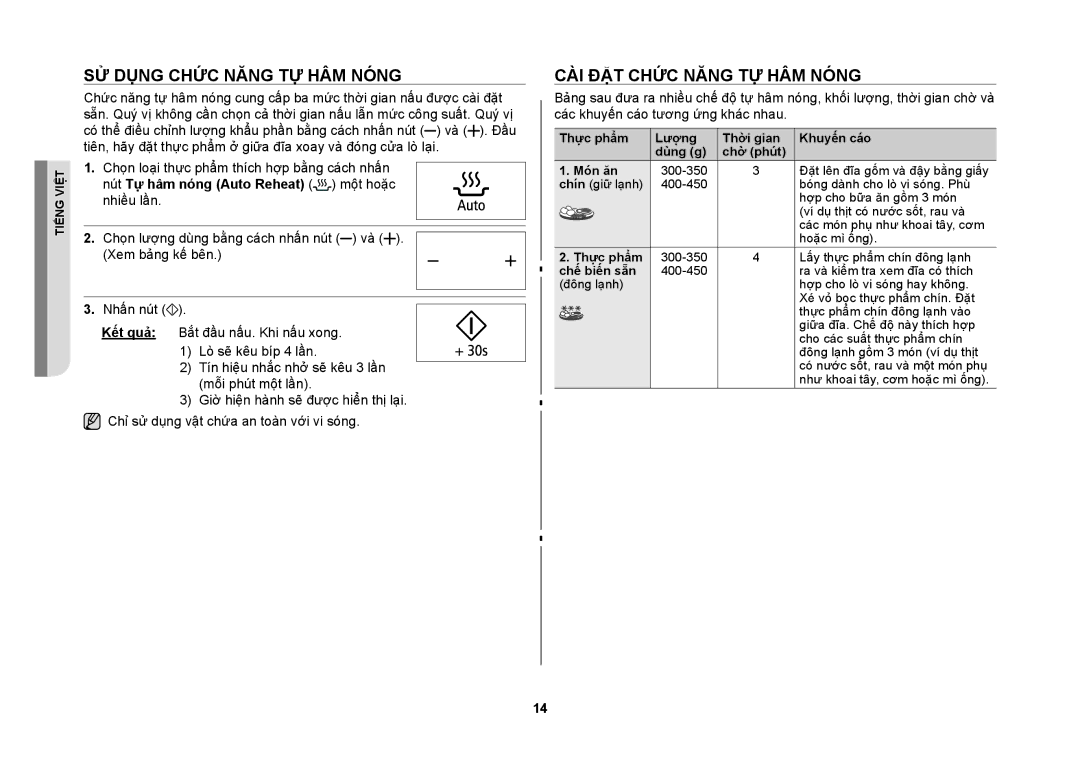 Samsung MW86N-S/XSV manual Sử dụng chức năng tự hâm nóng, Cài đặt chức năng tự hâm nóng 