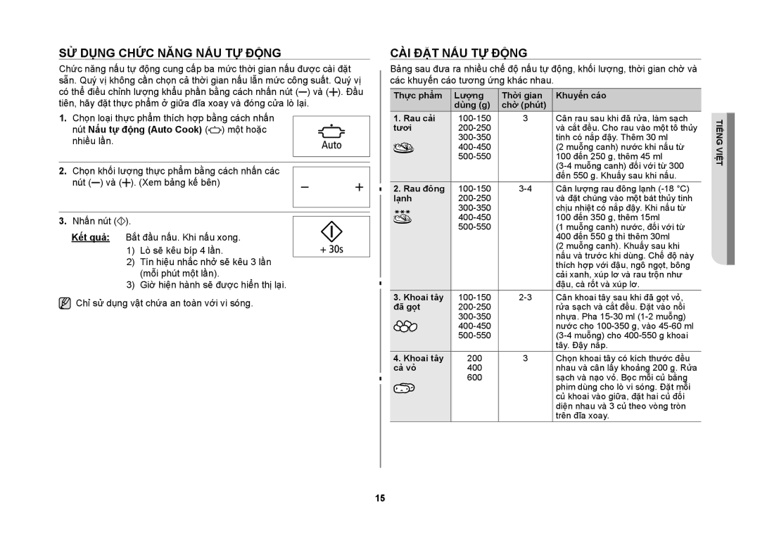 Samsung MW86N-S/XSV manual Sử dụng chức năng nấu tự động, Cài đặt nấu tự động, Nút Nấu tự động Auto Cook một hoặc nhiều lần 