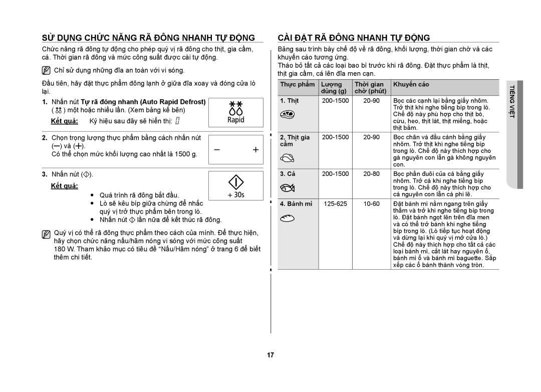 Samsung MW86N-S/XSV manual Sử dụng chức năng rã đông nhanh tự động, Cài đặt rã đông nhanh tự động, Kết quả 