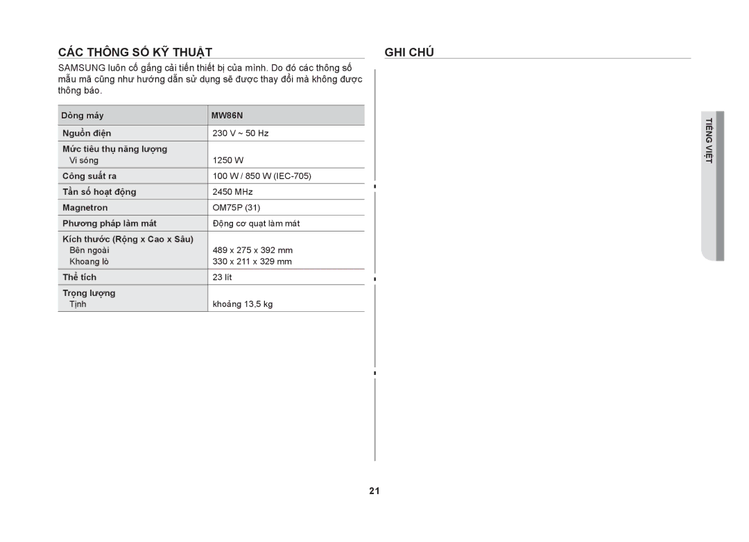 Samsung MW86N-S/XSV manual Các thông số kỹ thuật Ghi chú 