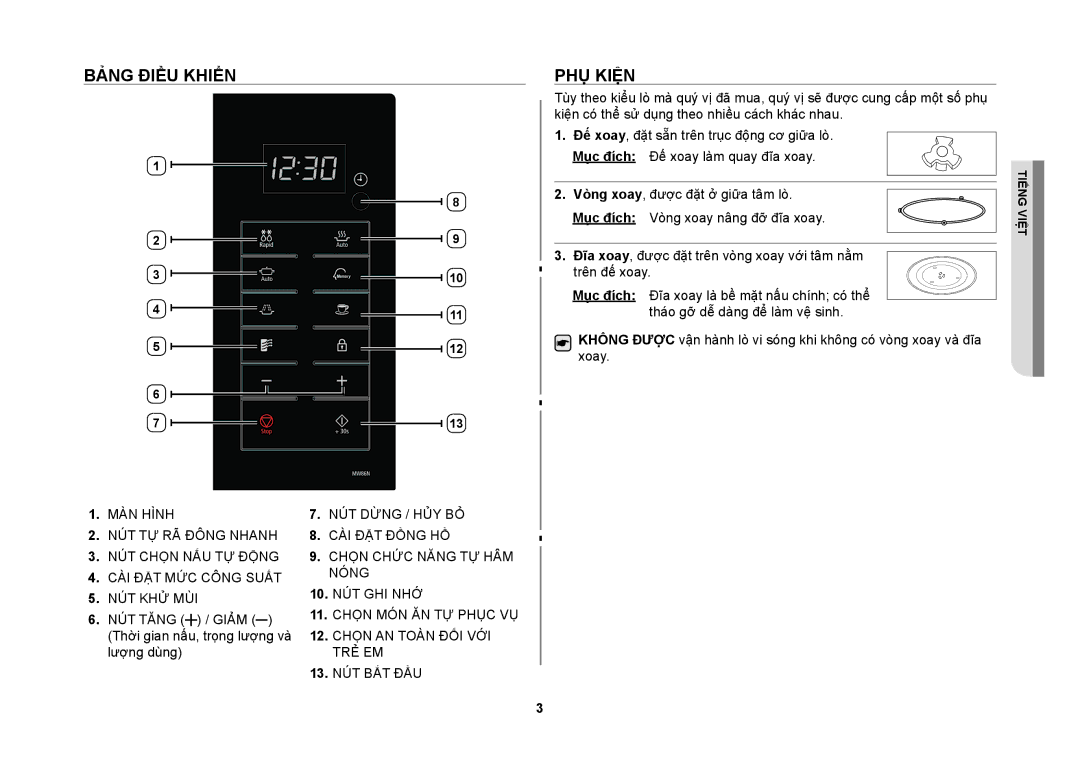 Samsung MW86N-S/XSV manual Bảng điều khiển Phụ kiện 