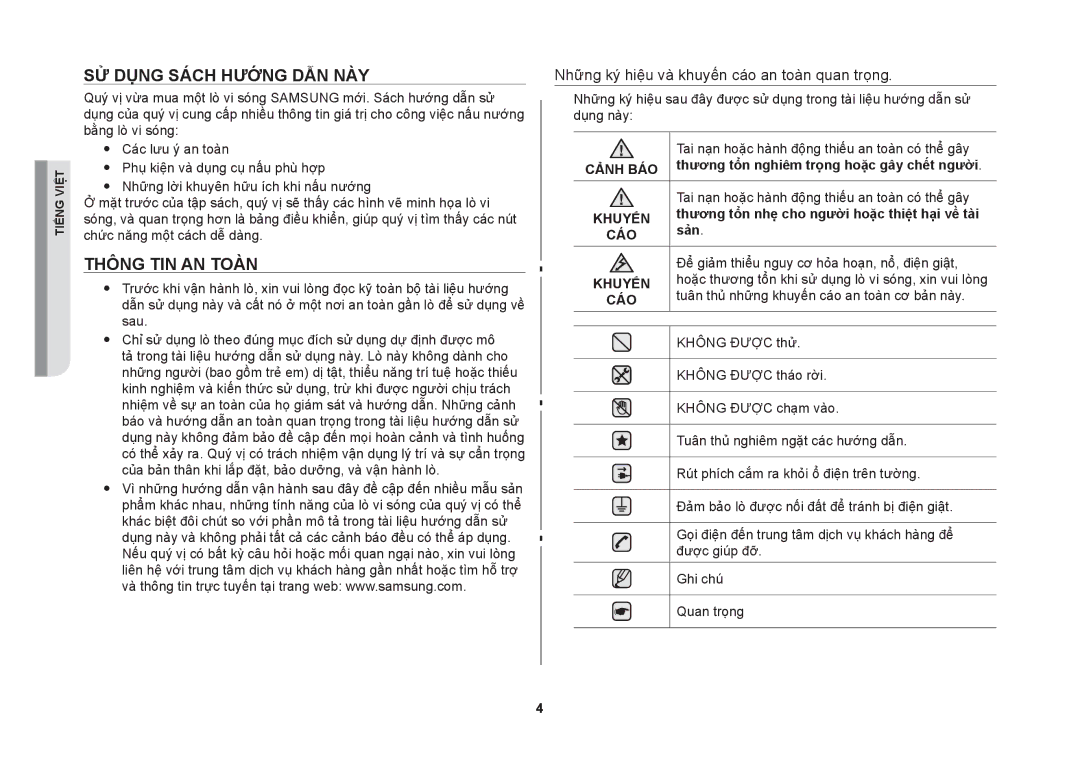 Samsung MW86N-S/XSV Sử dụng sách hướng dẫn này, Thông tin an toàn, Những ký hiệu và khuyến cáo an toàn quan trọng, Sản 