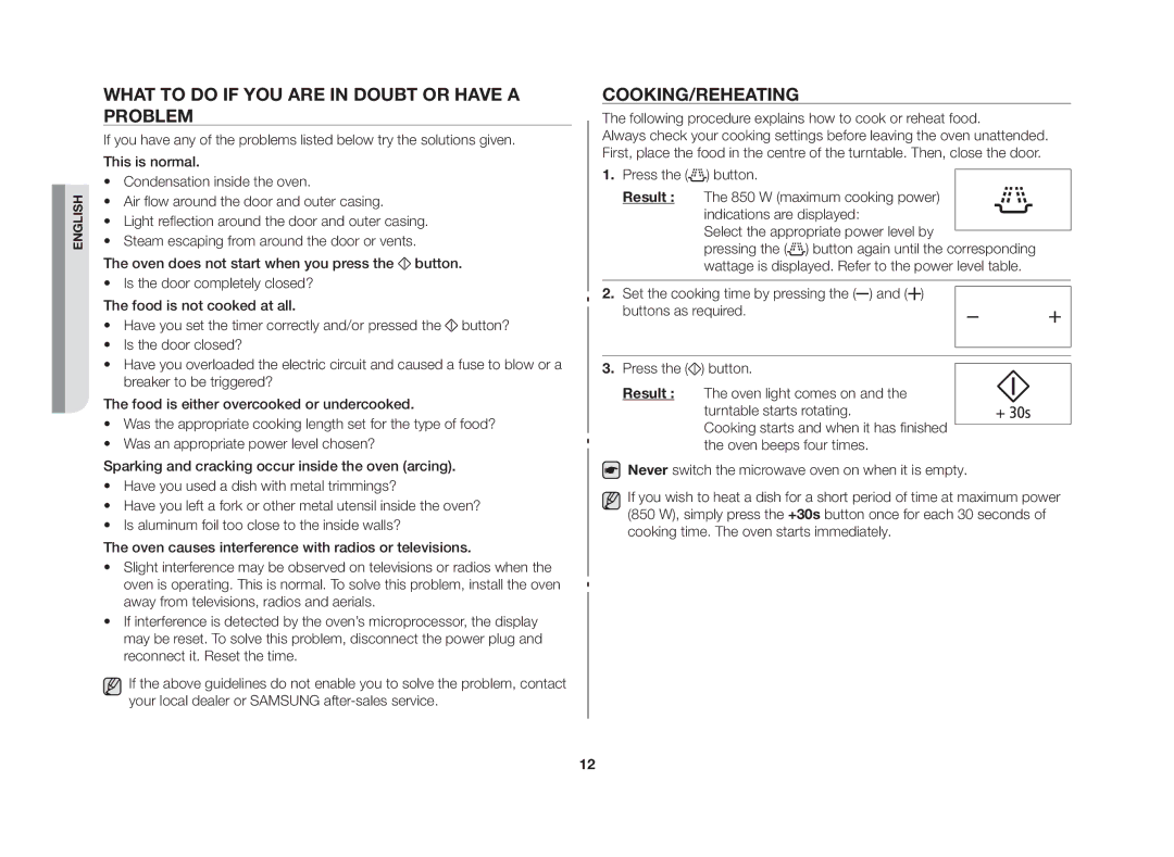 Samsung MW86N-S/XSV manual What to do if you are in doubt or have a problem, Cooking/Reheating 