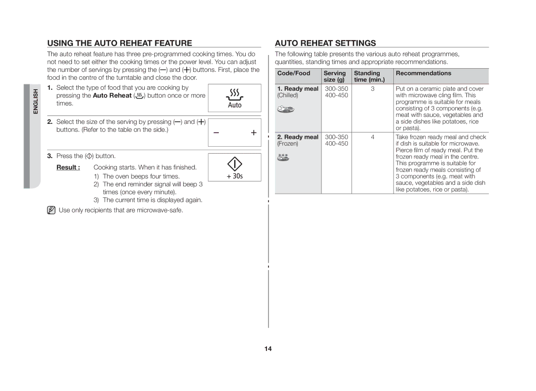 Samsung MW86N-S/XSV manual Using the auto reheat feature, Auto reheat settings 