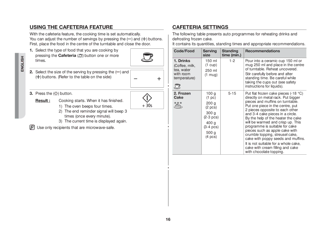 Samsung MW86N-S/XSV manual Using the cafeteria feature, Cafeteria settings, Cake 